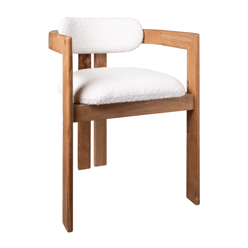 WHITE BOUCLE TEAK CHAIR