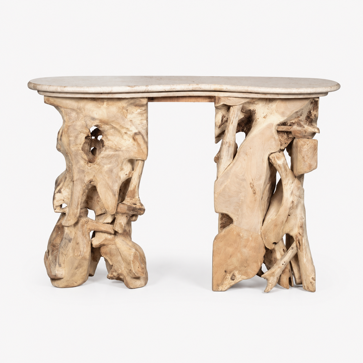 UNIQUE TEAK ROOT AND MARBLE CONSOLE TABLE