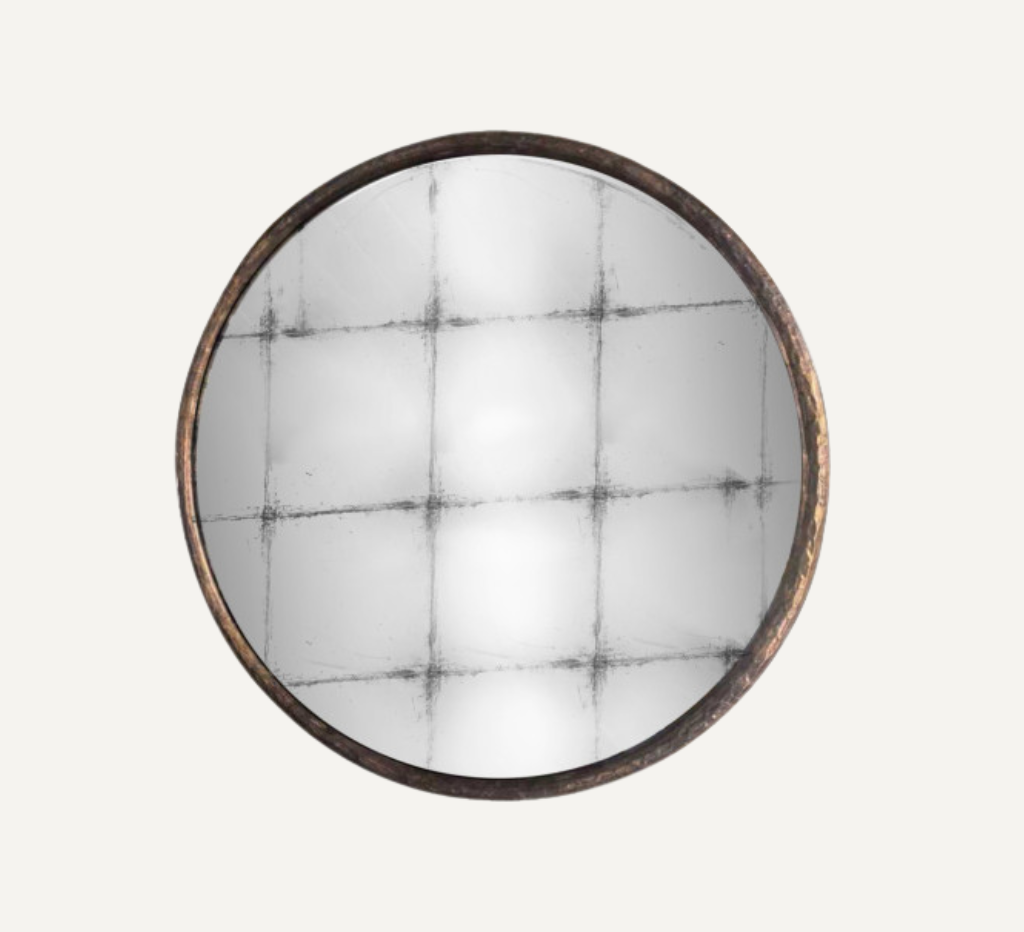 METAL AND GLASS ROUND MIRROR 80cm DISTRESSED SILVER