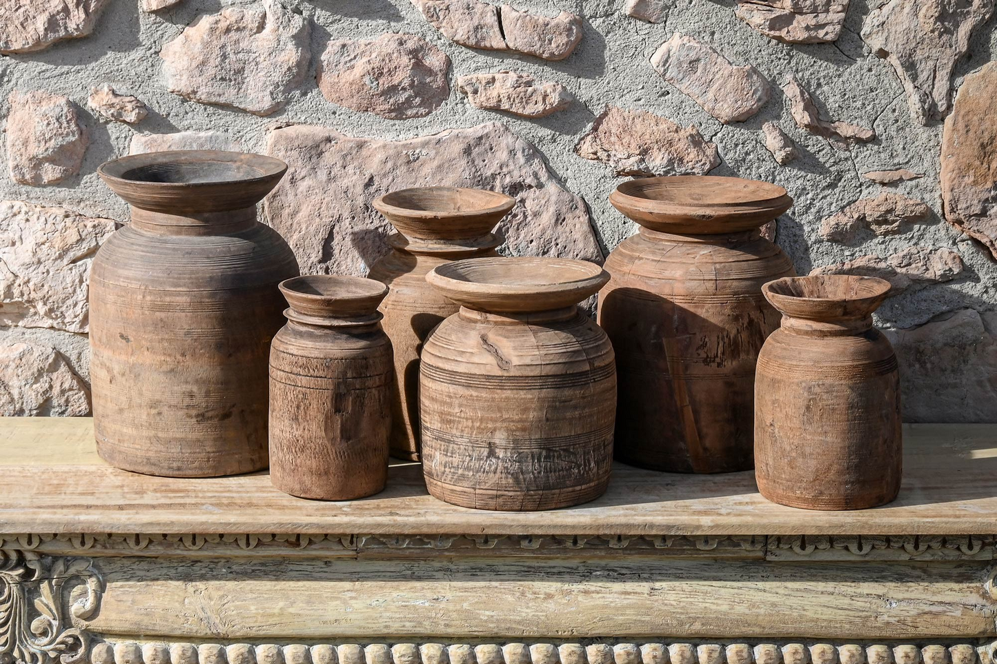 ANTIQUE WOOD VASE 29cm SET OF 2