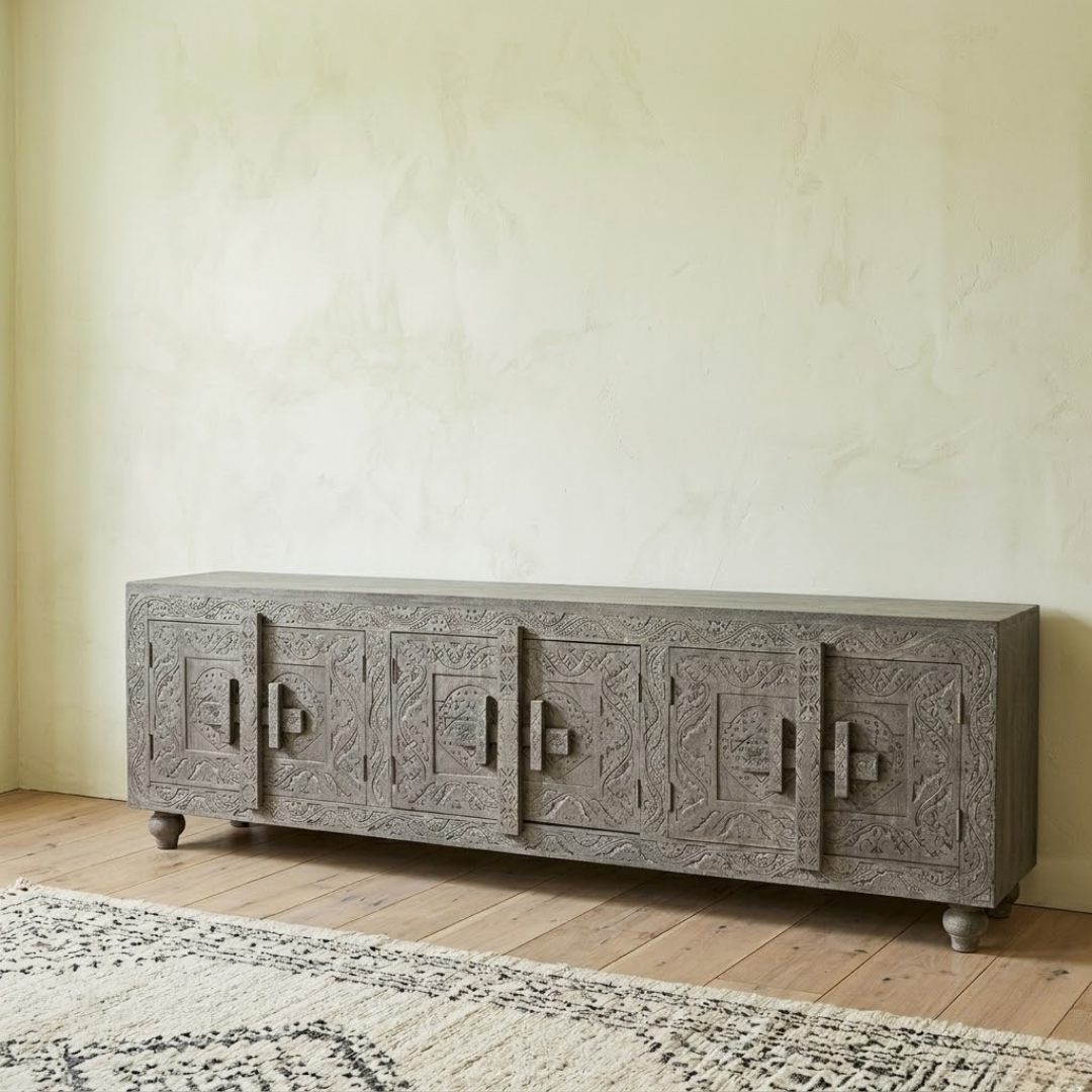 ANTIQUE GRAY CARVED TV STAND