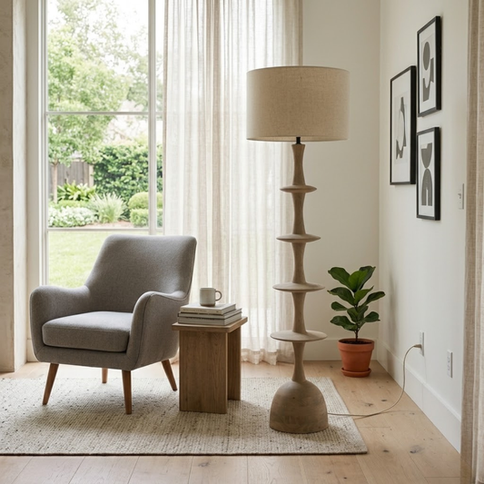 SCLUPTURAL MANGO WOOD &LINEN FLOOR LAMP