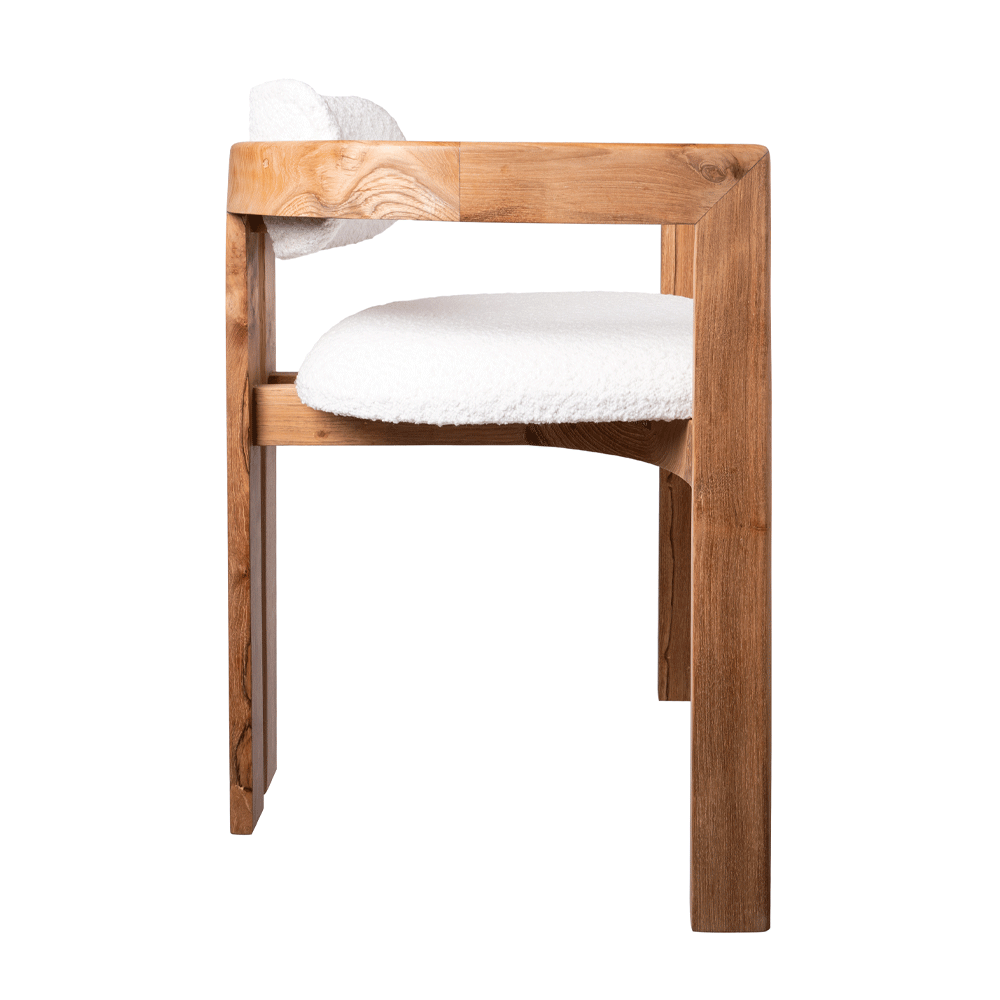 WHITE BOUCLE TEAK CHAIR