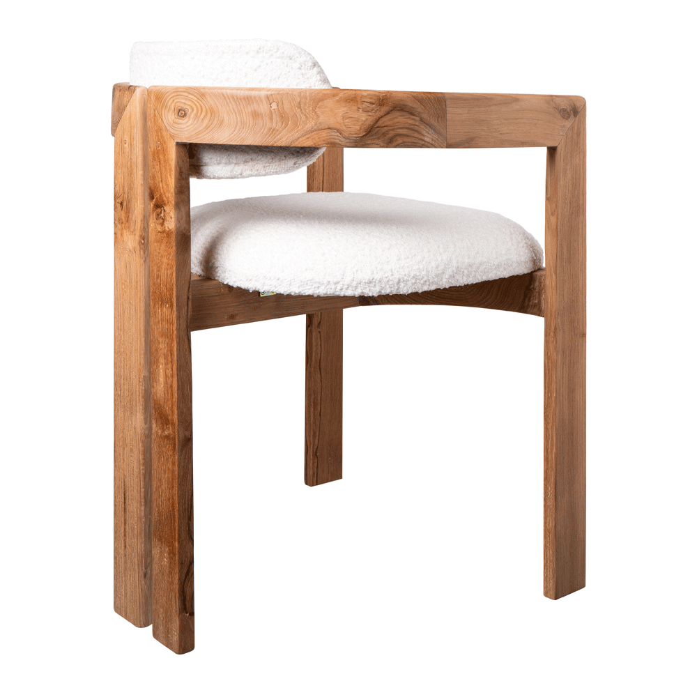 WHITE BOUCLE TEAK CHAIR