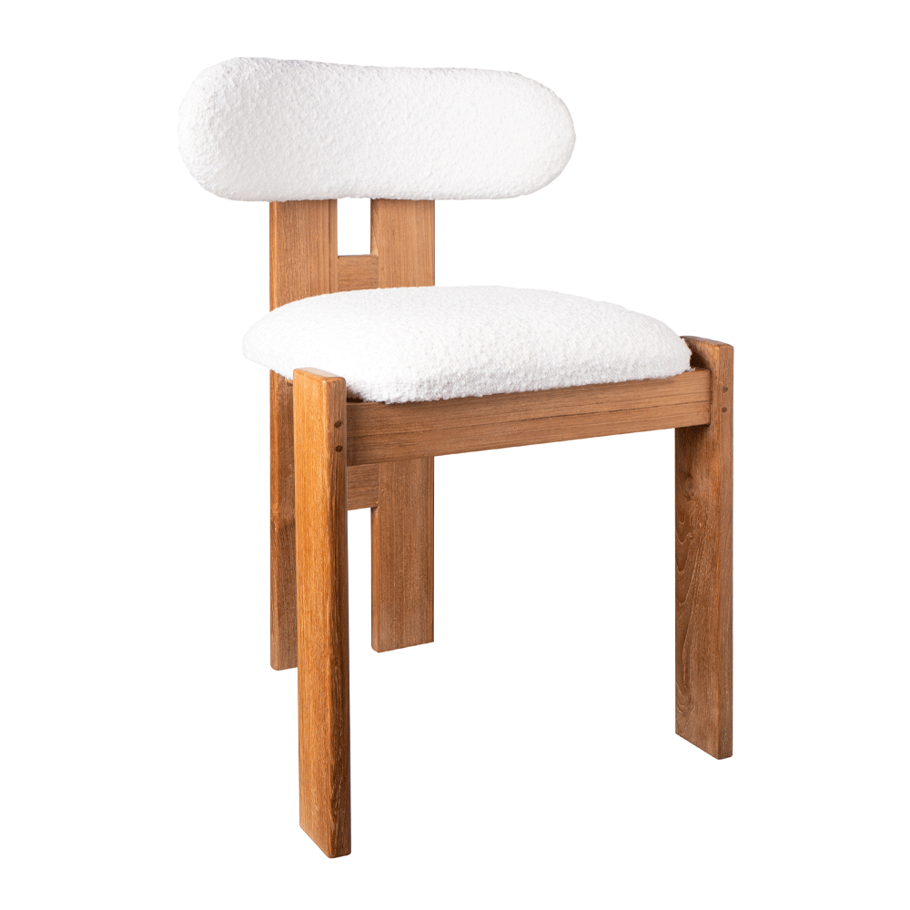 WHITE BOUCLE TEAK CHAIR
