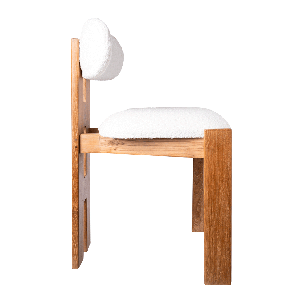 WHITE BOUCLE TEAK CHAIR