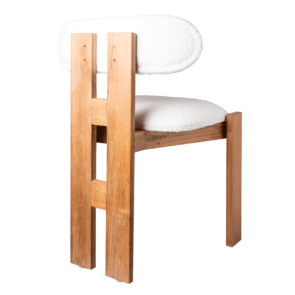 WHITE BOUCLE TEAK CHAIR