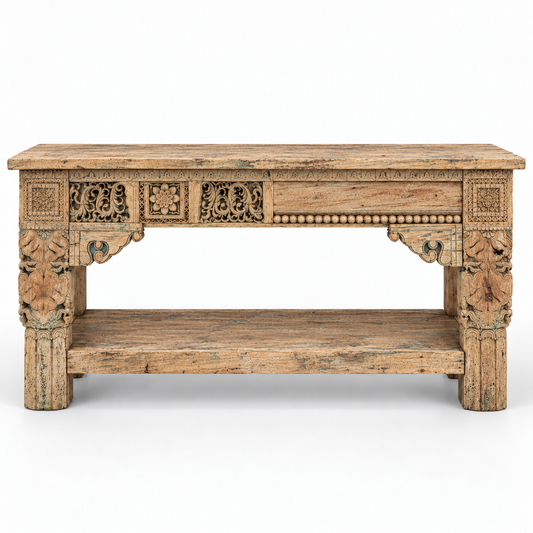 ANTIQUE CARVED WOODEN CONSOLE TABLE WITH GREEN PATINA