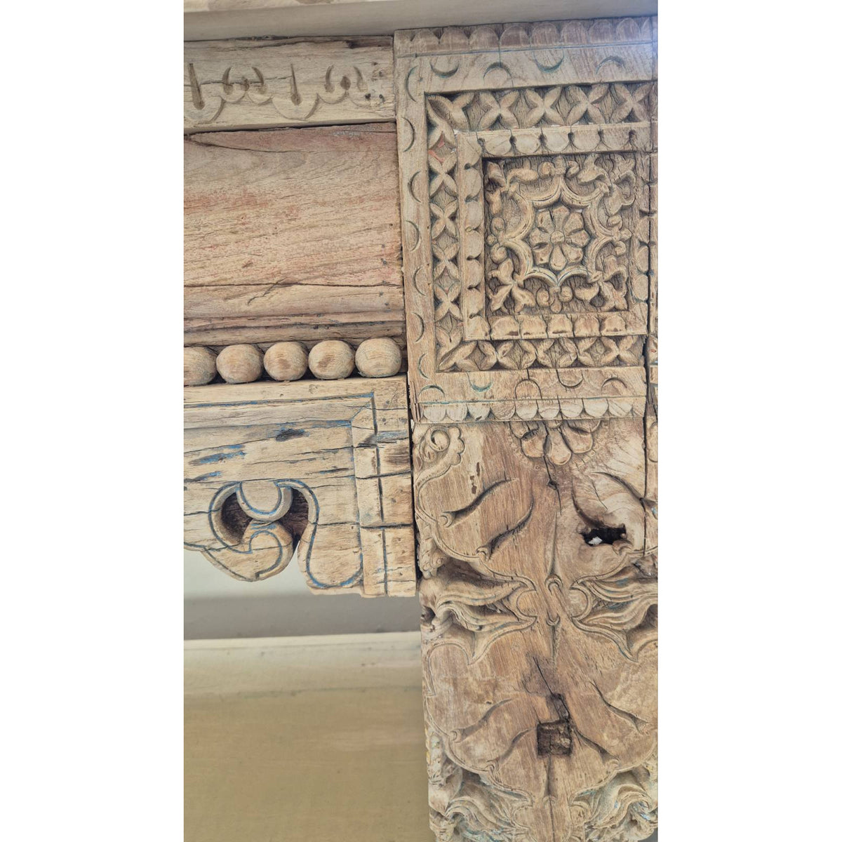 ANTIQUE CARVED WOODEN CONSOLE TABLE WITH GREEN PATINA