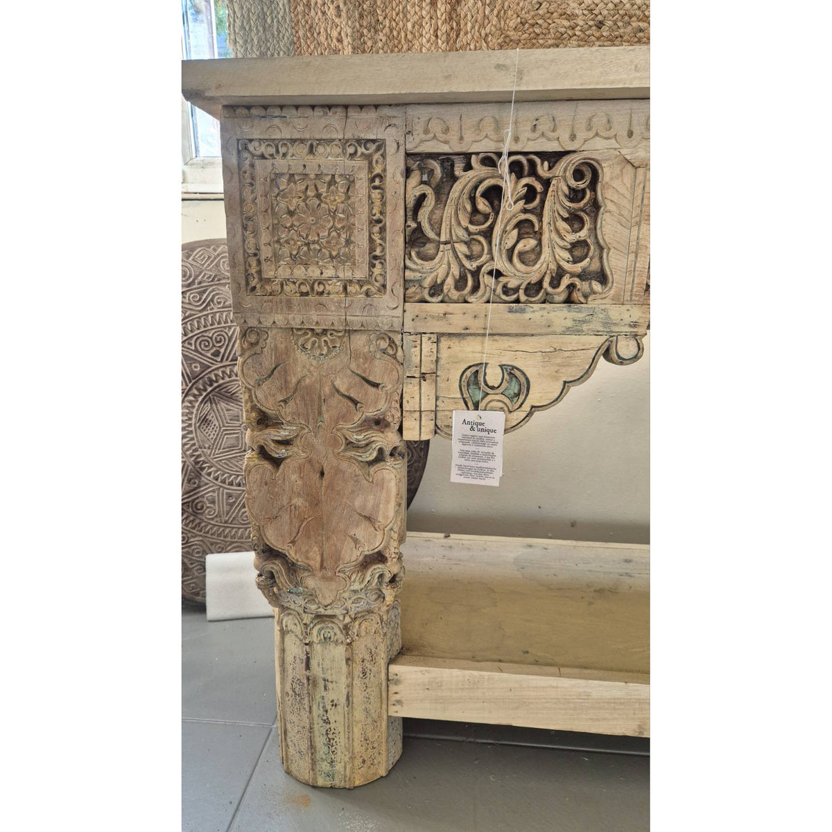 ANTIQUE CARVED WOODEN CONSOLE TABLE WITH GREEN PATINA