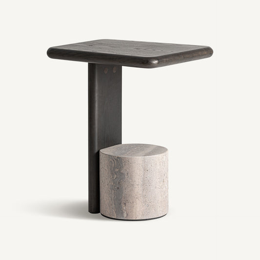 RIGNAC SIDE TABLE IN TRAVERTINE & ASH WOOD 40CM